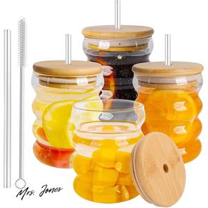 Mrs. Jones 4-pack cocktailglazen 320 ml vintage rimpelingsglazen kopjes glazen ijskoffie glazen bekers glaswerk met deksels en houten deksels voor bier water cocktail whisky sap frisdrank. .