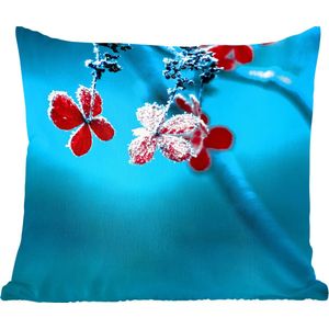 Sierkussens - Kussen - Rode bloemen voor een blauwe achtergrond in de winter - 50x50 cm - Kussen van katoen