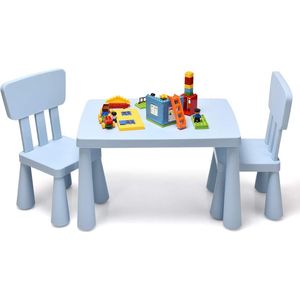 Kindertafel met 2 stoelen, schattige kinderzitgroep van kunststof, kindermeubel met rugleuning en ronde randen, kindertafel en stoelset voor meisjes en jongens (blauw)