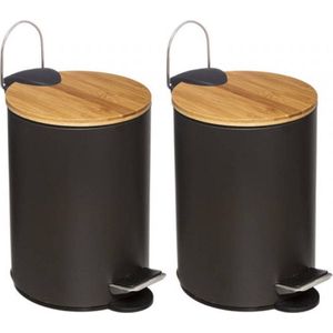 IBBO® - 2x Luxe pedaalemmer - Prullenbak - 3 L - bamboo - Afvalemmer - Soft Close Deksel bamboo - Chique Design - Afvalzak Inkeping - Vuilnisbak Badkamer- 2 Stuks - Zwart en hout