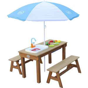 AXI Dennis Zand & Water Picknicktafel met Speelkeuken, Wastafel en losse bankjes in Bruin - Met Parasol in Blauw/Wit - Incl. 17-delige accessoire-set