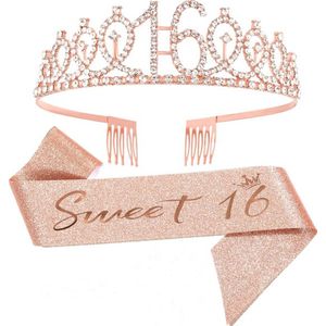 Sweet Sixteen set met diadeem en sjerp deLuxe rosé goud glitter - 16 - sweet sixteen - verjaardag - diadeem - sjerp - rosé goud
