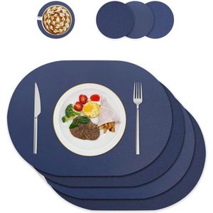 Tafeldecoratie - Placemats en onderzetters van leer - Set van 4 ovaal blauw - Afwasbaar PU-kunstleer - Hittebestendig - Keuken en eettafel