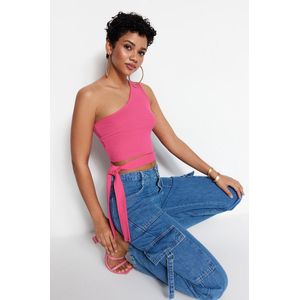 Trendyol Kaneel Getailleerde/Body-Sitting Geribbelde Gedetailleerde Gebreide Blouse Met Één Schouder Twoss22Bz1558