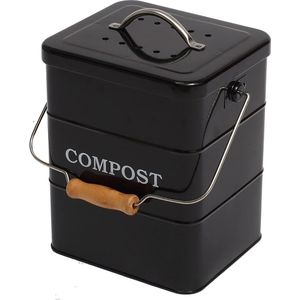 Metalen compostbak met deksel, organische afvalbak voor de keuken, werkblad en onderkast, mini-composter, organische afvalbak van 6 liter, keuken, klein, container compostbak met koolstoffilter, zwart