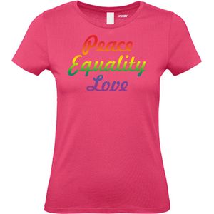 Dames T-shirt Peace Equality Love | Gay pride shirt kleding | Regenboog kleuren | LGBTQ | Roze dames | maat L