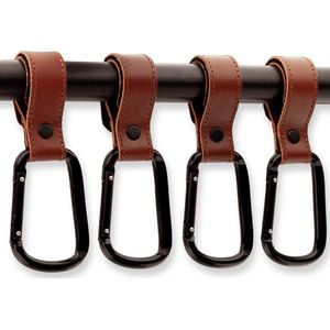 Brute Strength – Multifunctionele klittenband haak - Cognac - 4 stuks - Tassenhaak - Stroller straps – Buggy haak - Tassenhanger - Kinderwagen Tashaak – Buggy accessoires - Karabijnhaak - Golf handdoek haak - Musketonhaak