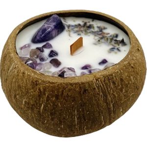 100% Natuurlijke, duurzame en handgemaakte kokosnoot soja wax geurkaars - Woodwick lont - Met kristallen en gedroogde bladeren - Geur: lavendel