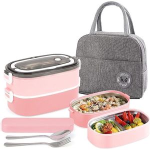 SHOP YOLO-bento box-lunchbox met 2 niveaus voor volwassenen en kinderen-lekvrije Bento-lunchbox met 3 vakken en bestek-lepel en vork