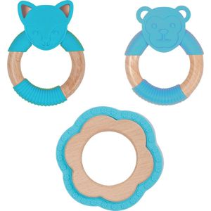 Bo Jungle - Houten speelgoed met silicone voor baby - Bij doorkomende tandjes - Bijtring met diertjes en bloem - Kraamcadeau - Voordeelpakket - Set van 3 bijtringen Blauw