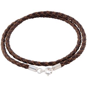 AuBor ®. Gevlochten leren ketting met zilveren sluiting.  Bruin. 3mm × 90cm