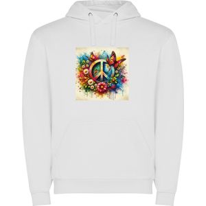 Witte unisex hoodie met “ Kleurrijke Peace teken met bloemen en vlinders – Retro – Vrede “ Print Full Color merk Roly maat M