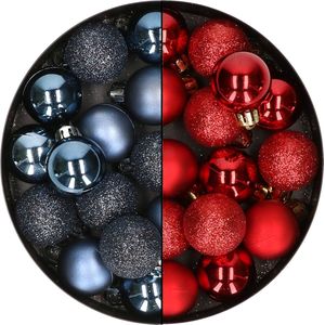 28x stuks kleine kunststof kerstballen donkerblauw en bordeaux rood 3 cm - kerstversiering