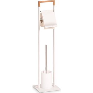 1x Toiletborstels met toiletrolhouder wit metaal/bamboehout 75 cm - Huishouding - Badkameraccessoires/benodigdheden - Toiletaccessoires/benodigdheden - Wc-borstels/toiletborstels - Toiletrolhouders