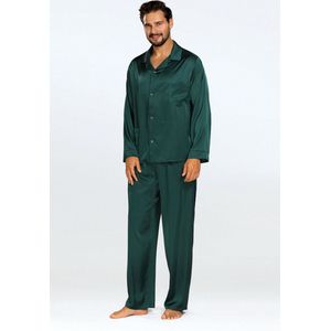 Elegante satijnen herenpyjama -Satijn pyjama heren met knoopsluiting - Lange Mouw Lange Broek pyjama - DKaren Noah - groen L