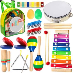 Muziekinstrumenten Set - 19-Delig - Voor Kinderen - Inclusief Rugzak - Houten Slaginstrumenten - Xylofoon, Trommel, Maracas & Meer - Educatief Speelgoed voor Vroege Ontwikkeling - Veilig & Duurzaam