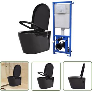 The Living Store Hangend toilet met verborgen stortbak keramiek zwart - Zwevend Toilet - Hangend Toilet - Toilet Zwarte Kleur - Badkamershop - Modern Toilet