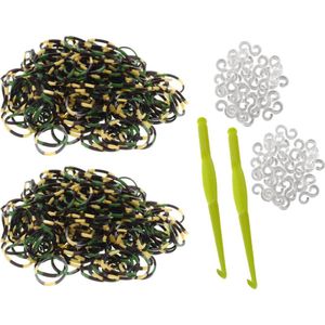 600 loom elastiekjes camouflage leger army kleur zwart-groen-beige met weefhaken en S-clips voor eindeloos speelplezier met deze loombandjes