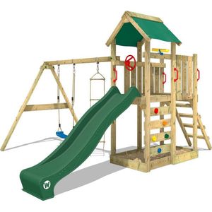 WICKEY speeltoestel klimtoestel MultiFlyer met schommel en groene glijbaan, outdoor kinderspeeltoestel met zandbak, ladder & speelaccessoires voor de tuin