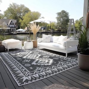 Omkeerbaar weerbestendig en waterdicht outdoortapijt - modern geometrisch ruitpatroon - zwart - 120 x 170