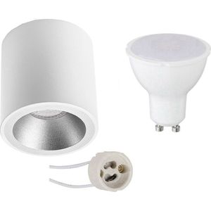 Opbouwspot Set - Pragmi Cliron Pro - GU10 Fitting - Opbouw Rond - Mat Wit/Zilver - 4W - Warm Wit 3000K - Verdiept - Ø90mm