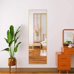 Staande spiegel met koper metalen frame 140x40cm HD grote full-body spiegel met haak voor woonkamer of kleedkamer (goud)