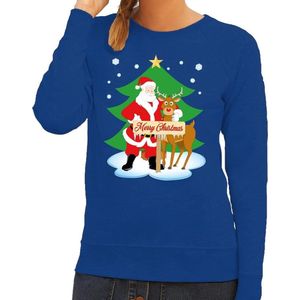 Foute kersttrui / sweater met de kerstman en rendier Rudolf blauw voor dames - Kersttruien 2XL