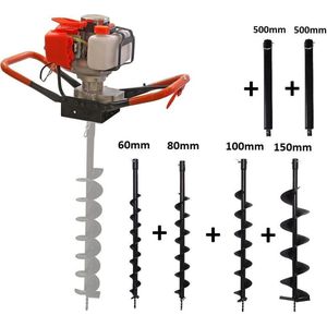 Kibani Grondboor 52cc benzine + Grondboren set 60 mm + 80 mm + 100 mm + 150 mm + 2 verlengstukken - Palenboor - Grondboor machine