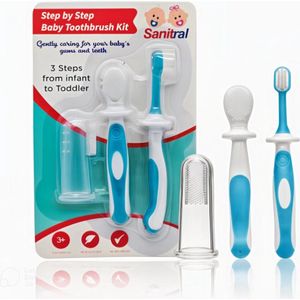 Sanitral Baby's First Toothbrush Kit - Stap voor stap tandenborstelset 0-2 jaar - Veiligheidsgetest en BPA-vrij 3-pack (vinger-tandenborstel voor baby's, siliconen tandenborstel voor baby's en peutertandenborstel) - Blauw