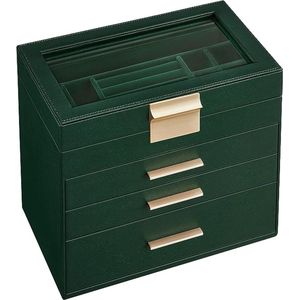 sieradendoos, juwelendoos met 4 niveaus, juwelendoos met glazen deksel, 3 laden, voor zonnebrillen, grote juwelen, opbergen van juwelen, modern