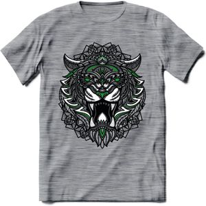 Tijger - Dieren Mandala T-Shirt | Groen | Grappig Verjaardag Zentangle Dierenkop Cadeau Shirt | Dames - Heren - Unisex | Wildlife Tshirt Kleding Kado | - Donker Grijs - Gemaleerd - 3XL