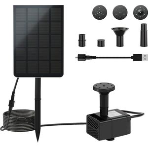 Fontein op zonne-energie 25 W USB-vijverpomp met filter en 7 sproeikoppen - 200 l/u debiet voor buiten fontein tuin vogelbad vijver - LED-verlichting
