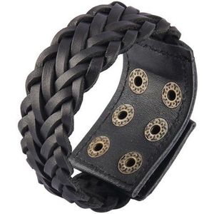 Brede Leren Armband - Gevlochten - Zwart