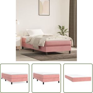 The Living Store Boxspringbed - Zacht fluweel - Pocketvering - Middelharde ondersteuning - Huidvriendelijk topmatras - Multiplex lattenbodem - Roze - 203x100x25 cm - Wit/roze - 100x200x20 cm bedmatras - Wit - 100x200x5 cm topmatras