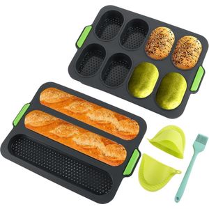 Mini-baguette bakplaat siliconen grijze muffinvorm - set van 2 met solatiehandclips en oliekwast