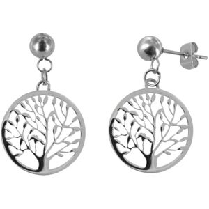 CO88 Collection Beloved 8CE 10004 Stalen Oorbellen met Hanger - Levensboom Ø 25 mm - Zilverkleurig