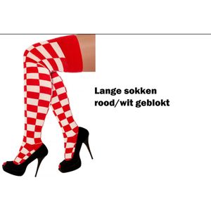 Lange sokken rood/wit geblokt - knee-over - maat 36-41 - kniekousen overknee kousen Brabant sportsokken cheerleader carnaval voetbal hockey unisex festival