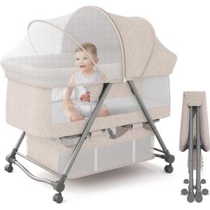 Babybed met zacht matras, reisbed incl. opslag, wiegfunctie, opvouwbaar, slip en transporttas, vanaf de geboorte tot 20 kg, wieg, complete set voor baby's van 0-6 maanden, kaki