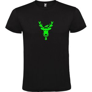 Zwart T-Shirt met “ Kerst Eland / Rendier “ Afbeelding Neon Groen Size XXXL