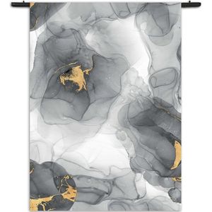 Velours Wandkleed Abstract Marmer Look Grijs met Goud 04 Rechthoek Verticaal XXL (250 X 180 CM) - Wandkleden - Met roedes