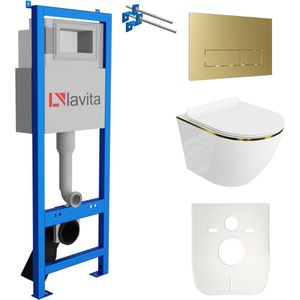 LAVITA® Inbouwreservoir Complete Toiletset LAV 101 - Inbouw WC Hangtoilet Wandcloset SOFI SLIM GOLD LINE - Bedieningsplaat 200.3.5 Gouden - Voorwandelement voor toilet 40cm - Installatiesysteem