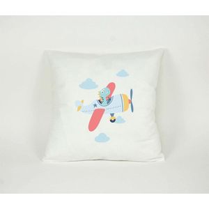 Kussen Dinosaurus in een Vliegtuig- Sierkussen - Kinderkamer - 45x45cm - Inclusief Vulling - PillowCity