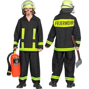 Widmann - Brandweer Kostuum - Brandweerman Feuerwehr Huizenhoge Vlammen - Jongen - Geel, Zwart - Maat 116 - Carnavalskleding - Verkleedkleding