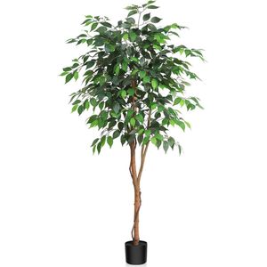 Grote kunstmatige ficusboom 150 cm - nepboom in pot voor binnen - natuurlijke houten stam - zijden bladeren