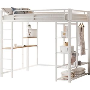 Merax Hoogslaper met Bureau en Opbergruimte – 90x200 cm Kinderbed - Wit - Met Ladder en Opbergvakken