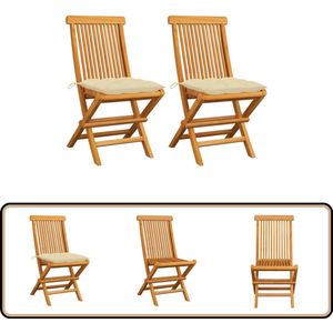 vidaXL Tuinstoelen 2 st met crèmewitte kussens Tuinstoel - Teak - Tuinset - Lounge Stoel - Buitensteun