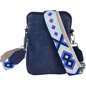 Nouka Donker Blauwe Kleine Damestas met Rits – Schoudertas – Crossbody – Telefoontasje - Clutch - met Verstelbare & Afneembare Brede Tassenriem – Schouderriem met Bohemian Print