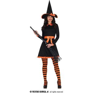 Guirca - Heks & Spider Lady & Voodoo & Duistere Religie Kostuum - Heks Pom Pom Poen - Vrouw - Oranje, Zwart - Maat 38-40 - Halloween - Verkleedkleding