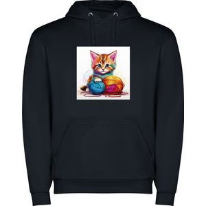 Donker Blauwe unisex hoodie met “ Kleurrijke Kitten met bol wol“ Print Full merk Roly maat 3XL