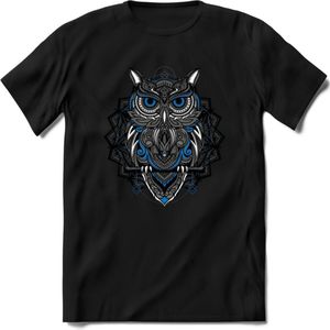 Uil - Dieren Mandala T-Shirt | Blauw | Grappig Verjaardag Zentangle Dierenkop Cadeau Shirt | Dames - Heren - Unisex | Wildlife Tshirt Kleding Kado | - Zwart - XL